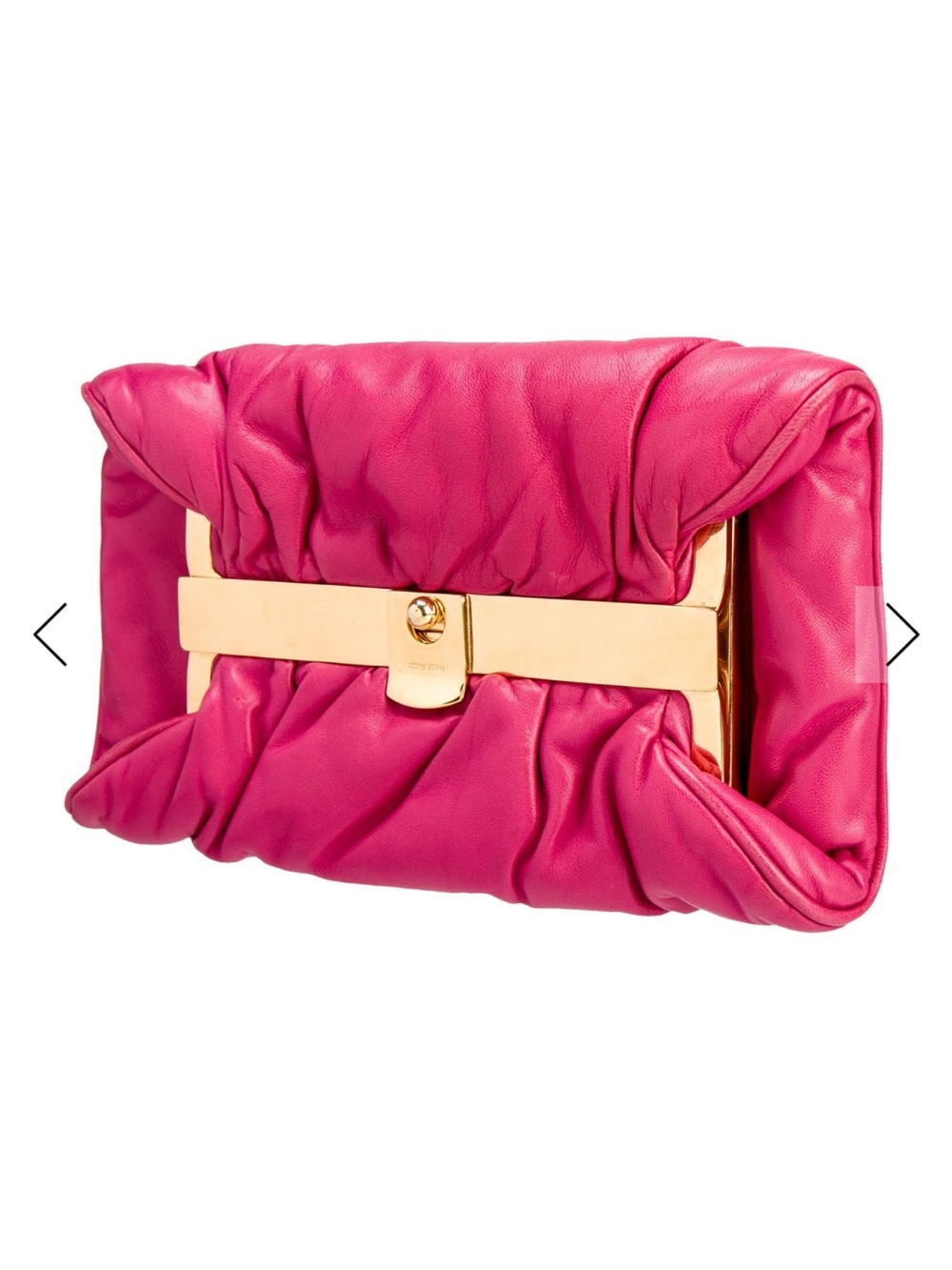 Miu Miu Hot Pink Ruched Leather Clutch with Gold Bar